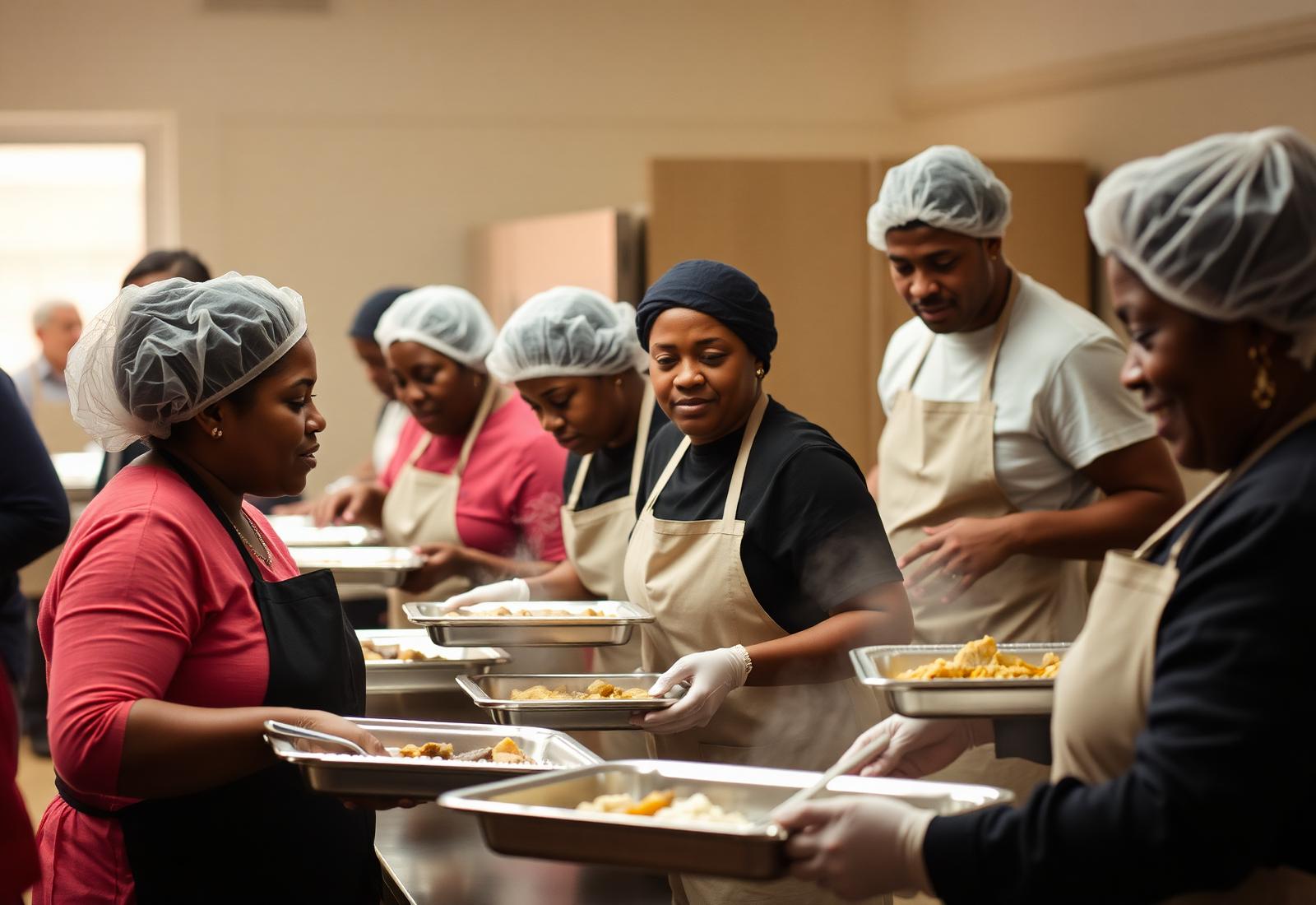 Volunteers serving meals at a DMV community kitchen